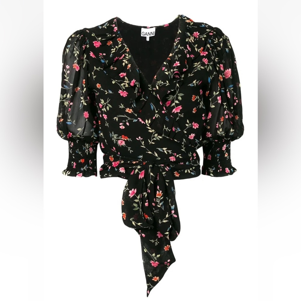 NWT GANNI Elm Floral Print Georgette Wrap Top, Black Size 36 (US 4)